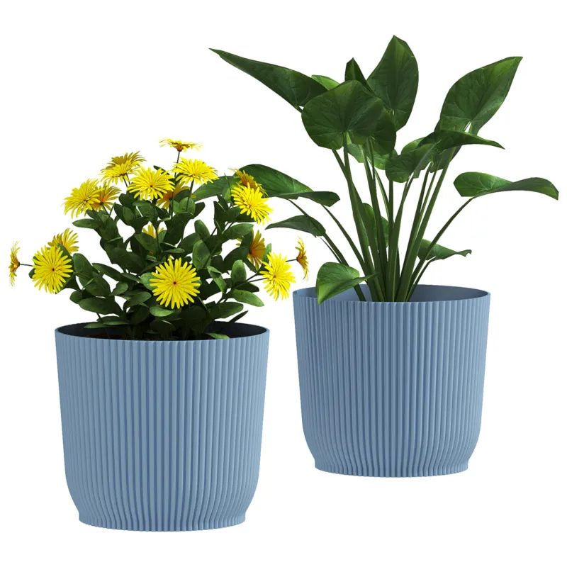 Outsunny Set Of 2 Round Plant Pots Outdoor 22cm For Garden Decoration, Blue