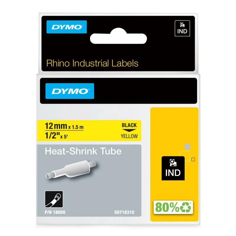 Dymo 18056/S0718310 Heat Shrink Tubes black on yellow 12mm x 1.5m for