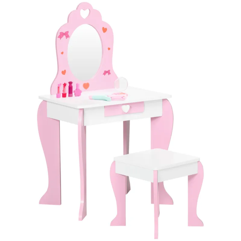 Zonekiz Kids Vanity Set W/ Mirror, Drawer, Cute Patterns, For Girls - Pink