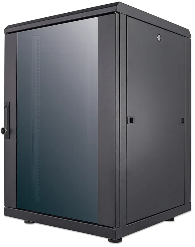 Intellinet 19" Network Cabinet - Free Standing 16U 600x600mm (width x depth) Black Flatpack Max 1500kg Multi-Point Door Lock One Lock Per Side Panel Usable Depth 123 to 373mm IP20 rated Rack Steel