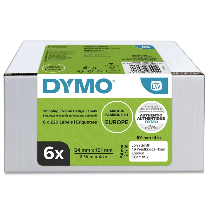 DYMO Authentic LabelWriter Large Shipping Labels/Name Badges | 54mm x 101mm | 6 Rolls of 220 Easy-Peel Labels (1320 Count) | Self-Adhesive | for LabelWriter Label Makers