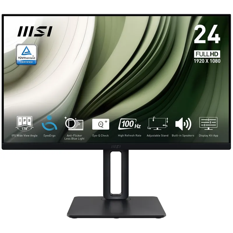 MSI Pro MP245PG 24 Inch Monitor FHD (1920 x 1080) 100Hz IPS 1ms 1x HDMI 1.4b 1x DP 1.2a output 1x D-Sub(VGA) Built-in Speakers Anti-Glare Anti-Flicker Less Blue light TV Certified VESA Kensington 4-way adjustable stand Black