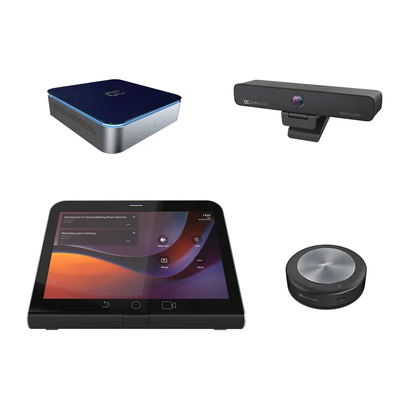 AudioCodes RXV200 Compute Device for small to mid size meeting rooms. The Bundle also Includes the RXPanel RX15 Speakerphone and RXVCam50M