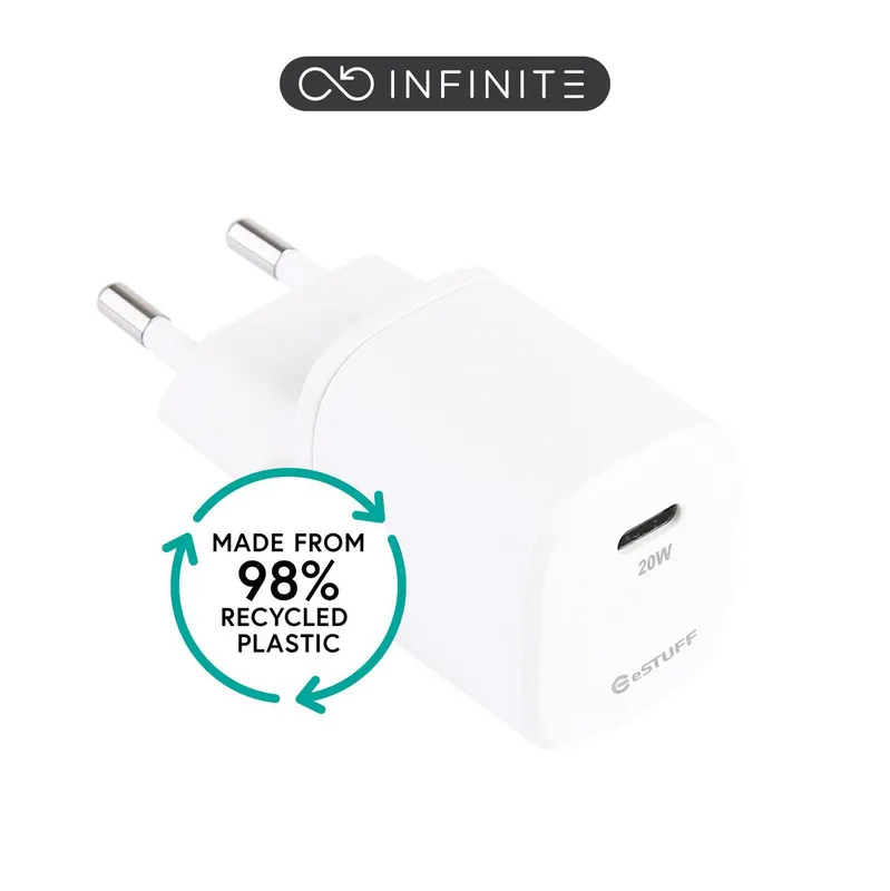 eSTUFF 100% Recycled Plastic - Home Charger USB-C PD 3A 20W. EU Plug -
