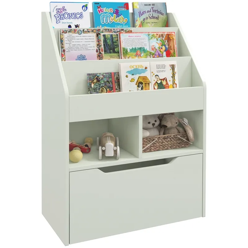 Homcom Kids Bookcase, Toy Box W/ Storage Drawer, Wheels For Bedroom - Green