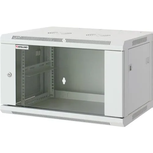 Intellinet 19" Network Cabinet - Wall Mount (Standard) 6U 450mm Deep Grey Assembled Max 60kg Suitable also for use on desk or floor Usable Depth 350mm Metal & Glass Door Back Panel Removeable Sides Parts for wall install (eg screws/rawl pl