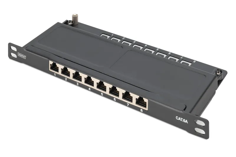 Digitus CAT 6A Slim Patch Panel. shielded. 8-port. 0.5 U. 10". bl