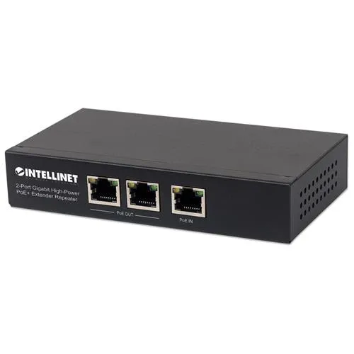 Intellinet 2-Port Gigabit High-Power PoE+ Extender Repeater IEEE 802.3at/af Power over Ethernet (PoE+/PoE) metal