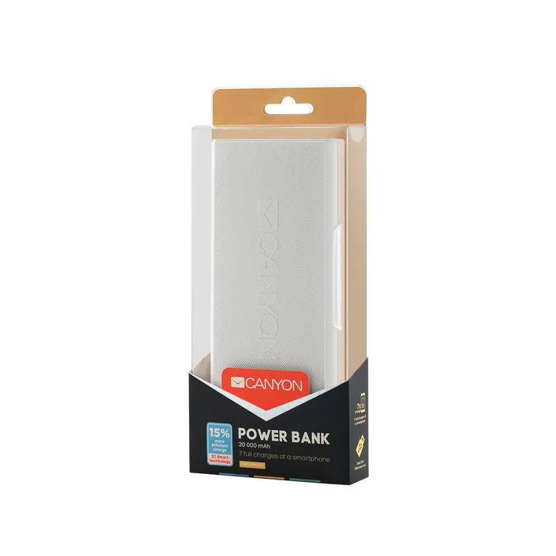 Canyon 20000 mAh. 2x5V max 2.4A (USB). Smart IC technology allowing to