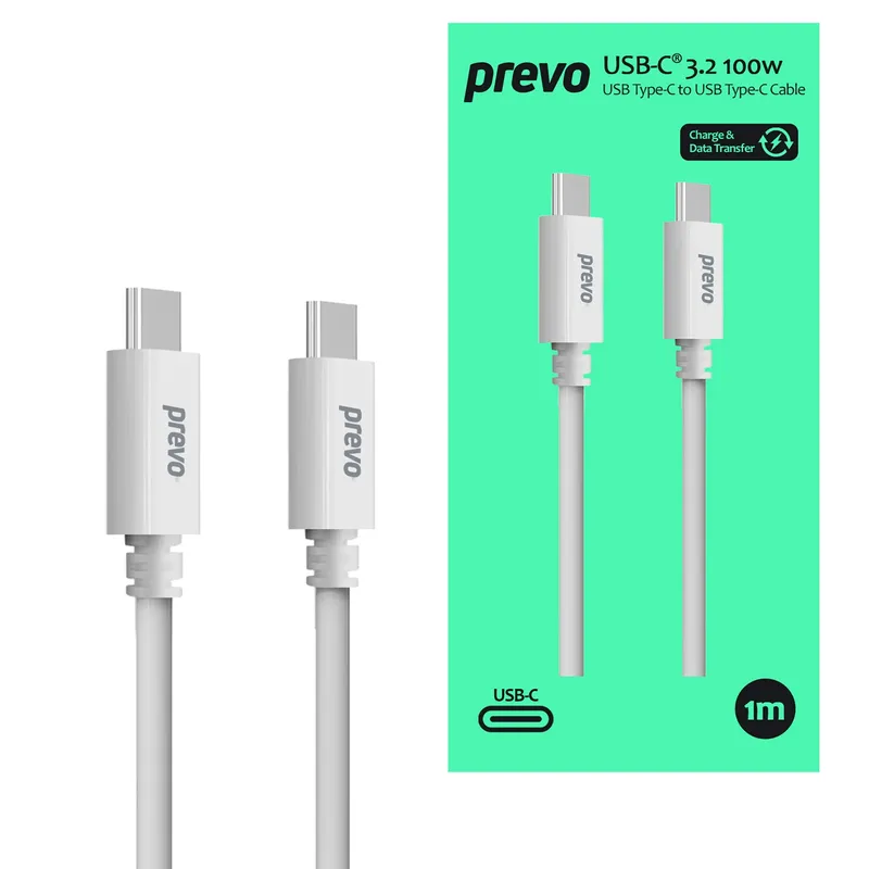 PREVO USB 3.2 100W C to C cable. 20V/5A. 10GB/20GB/s. White. Superior