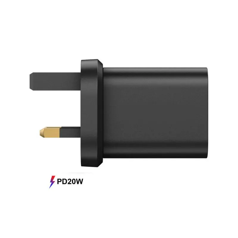 FDL 2 PORT 1X USB-A QC3 & 1 X USB-C PD UK CHARGER 20W - BLACK