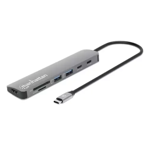 Manhattan USB-C Dock/Hub with Card Reader, Ports (x5): HDMI, USB-A (x2) and USB-C (x2), With Power Delivery (100W) to USB-C Port (Note additional USB-C wall charger and USB-C cable needed),Universal,USB 3.2 Gen 1 (aka USB 3.0),All Ports can be used at the