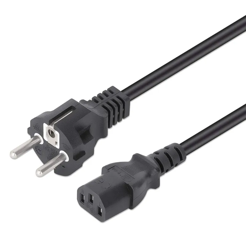 Manhattan Mains Power Cord/Cable, Euro 2-pin plug (CEE 7/4 Schuko) to C13 Female (kettle lead), 1m, 10A, Black, Lifetime Warranty