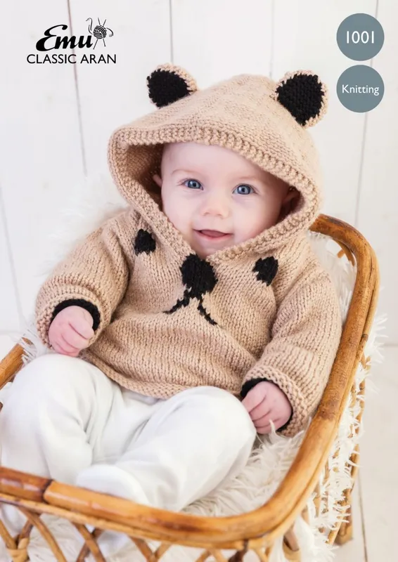 Emu Classic Aran Baby Teddy Bear Hoodie 1001 Knitting Pattern PDF Birth to 12 Months