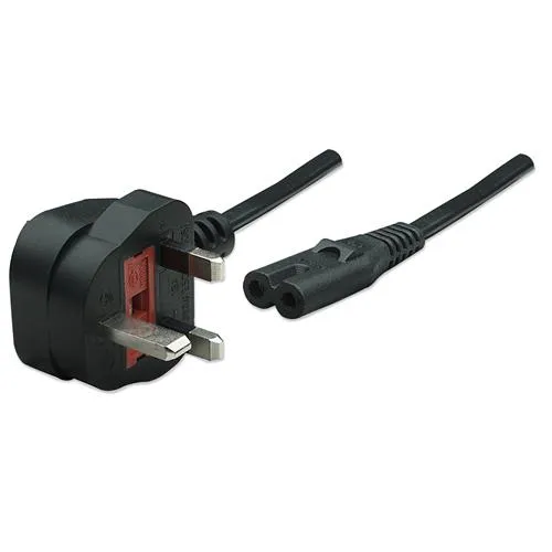 Manhattan Mains Power Cord/Cable UK 3-pin plug to C7 Female (figure of eight) 1.8m 13A Black Lead Lifetime Warranty