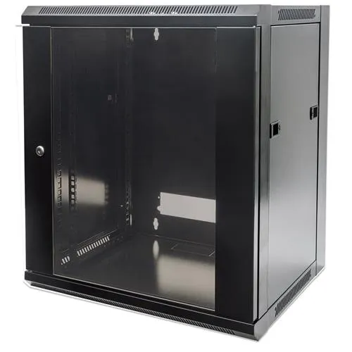 Intellinet 19" Network Cabinet - Wall Mount (Standard) 9U 600mm Deep Black Flatpack Max 60kg Suitable also for use on desk or floor Usable Depth 410mm Metal & Glass Door Back Panel Removeable Sides Parts for wall install (eg screws/rawl pl