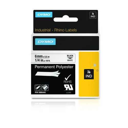 DYMO Rhino Industrial Permanent Polyester Labels | 6 mm x 5.5 m | Black Print on White | Self-Adhesive | for Rhino & LabelManager Label Makers