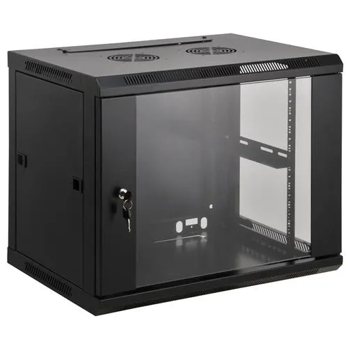 Intellinet 19" Network Cabinet - Wall Mount (Standard) 9U 600mm Deep Black Assembled Max 60kg Suitable also for use on desk or floor Usable Depth 500mm Metal & Glass Door Back Panel Removeable Sides Parts for wall install (eg screws/rawl p