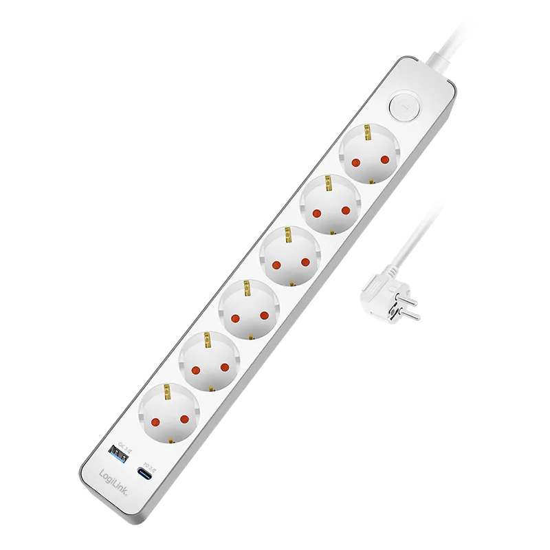 LogiLink Outlet Strip. 6 safety sockets. w/ 1x USB-A. 1x USB-C. 20W PD