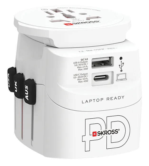 Skross Travel adapter 3-pole World Wide Earthed with integrated fast charging 45 watt PD USB charger (1 x USB C & 1 x USB) | SKR1302474