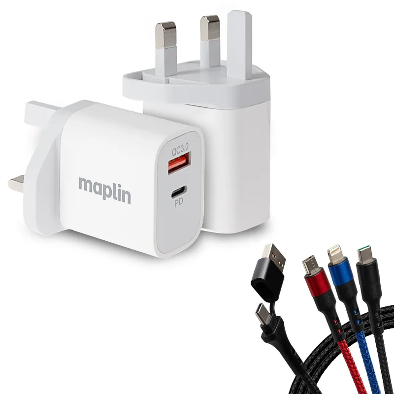 Maplin 2 Port USB Wall Charger with 3-in-1 USB-C to USB-C. Lightning &
