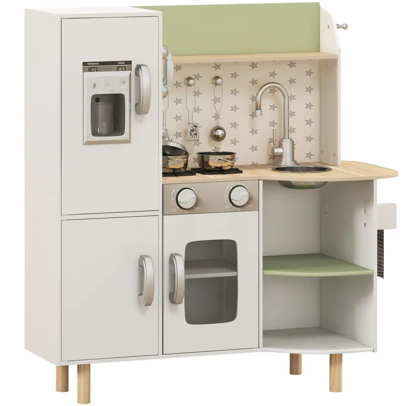 AIYAPLAY Toy Kitchen, Kids Play Kitchen Role Playing Game with Phone, Ice Maker, Stove, Sink, Utensils, for 3-6 Years, White Aosom UK