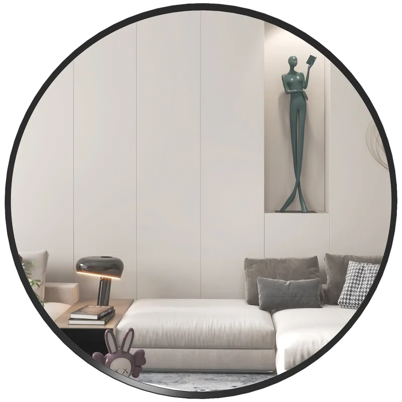 HOMCOM Modern Round Wall Mirror, 61cm Decorative Mirror for Bedroom, Living Room, Bathroom Decor, Black. Aosom UK
