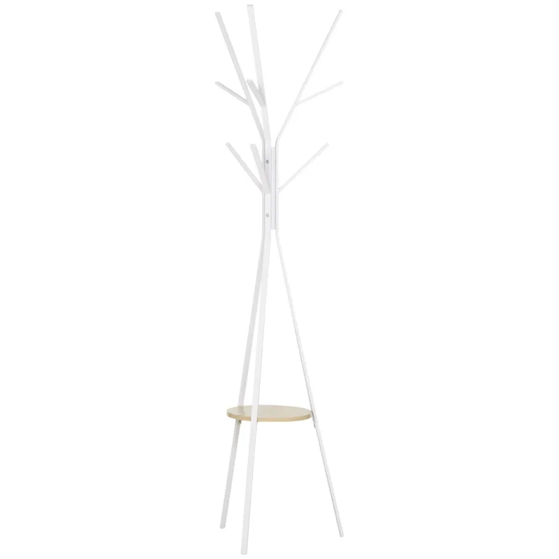 HOMCOM Metal Coat Rack Stand, 180cm Free Standing with 9 Hooks, 1 Shelf for Hats, Bags, Hall Tree Hanger for Hallway, Living Room, White. Aosom UK