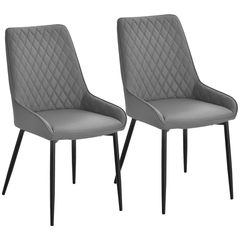 HOMCOM Set of 2 Leather Dining Chairs with Metal Frame, 4 Legs Foot Caps, High Back, Home Seating, Modern Stylish, Grey Aosom UK