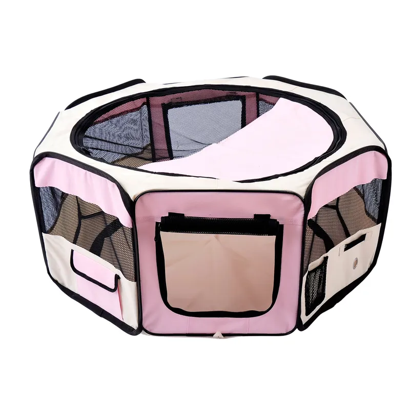 PawHut Playpen for Small Pets, Fabric Construction, Ideal for Puppies, Cats, Rabbits, Guinea Pigs, Dia90 x 41H cm, Pink and Cream Aosom UK