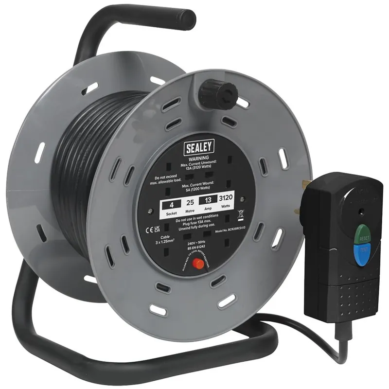 Sealey 2 Socket Cable Extension Reel and RCD Plug 240v
