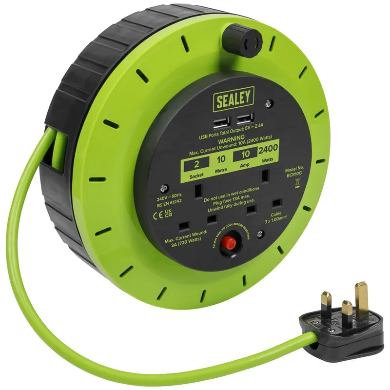 Sealey Cable Extension Reel Cassette 2 x 240v and 2 x USB