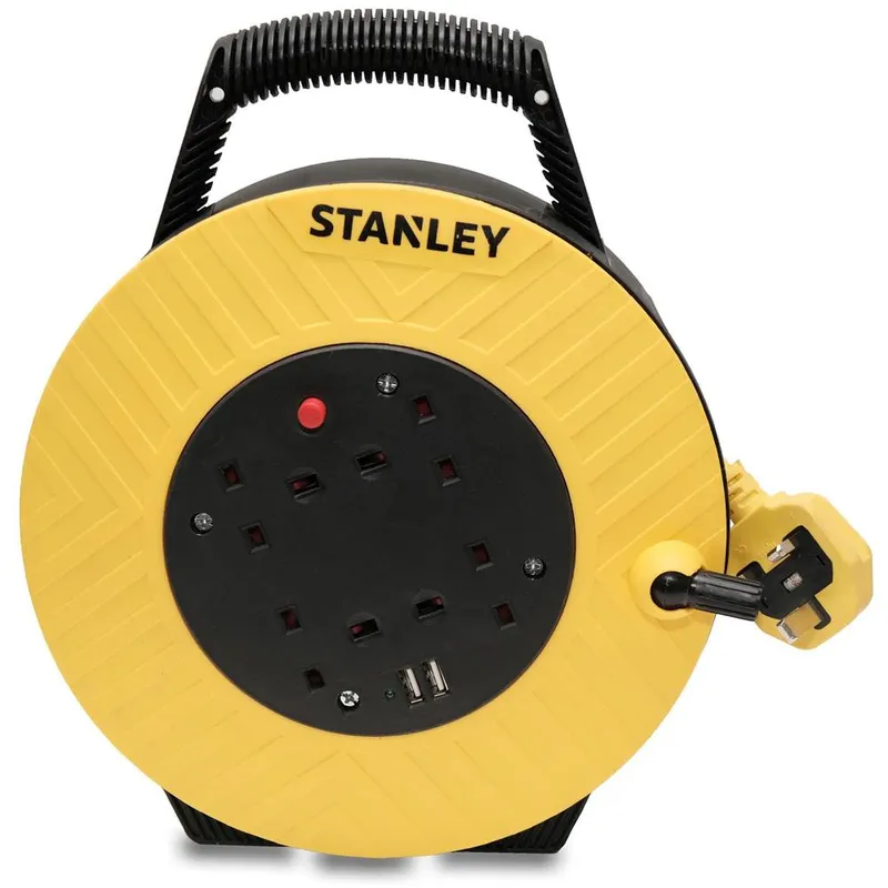 Stanley 6 Socket Semi Enclosed Cable Extension Reel 240v and USB