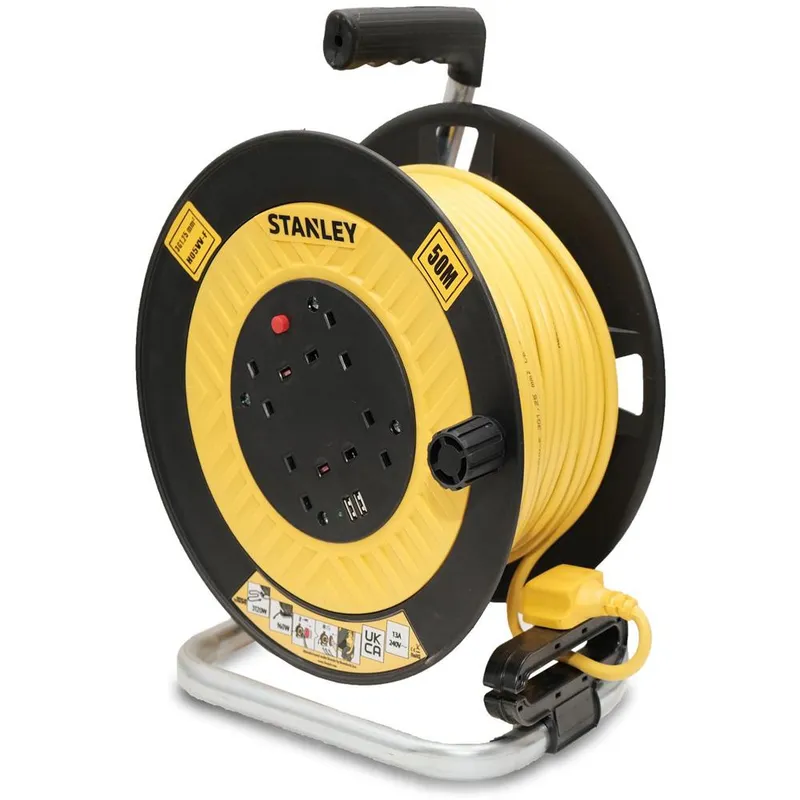 Stanley 6 Socket Open Drum Cable Extension Reel 240v and USB