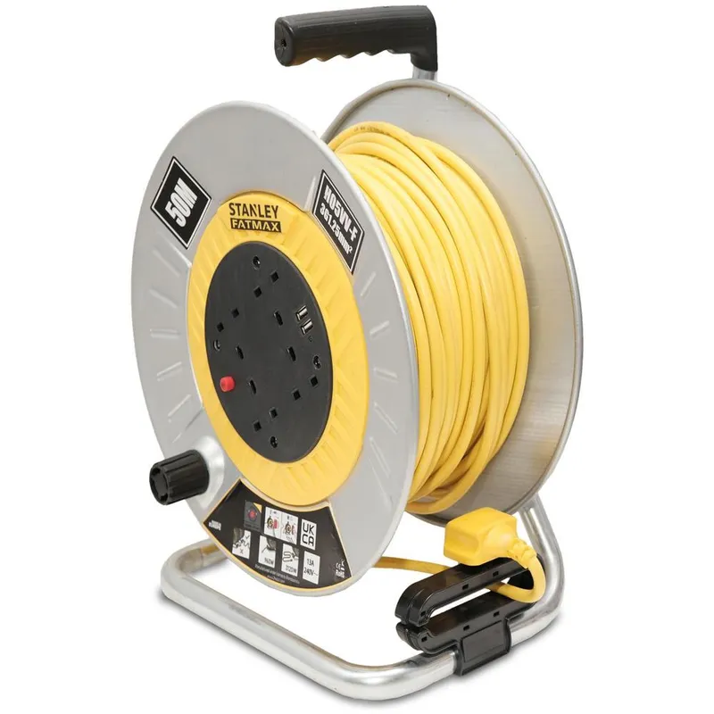 Stanley 6 Socket Open Metal Drum Cable Reel 240v and USB