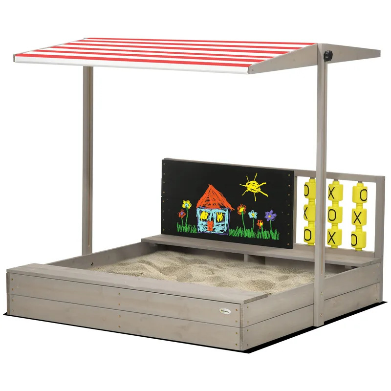Outsunny Children's Wooden Sandpit with Protective Canopy and Seating, Outdoor Play Area, Grey