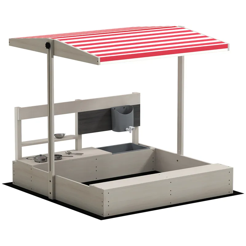 Outsunny Kids Wooden Sandbox w/ Canopy, Kitchen Toys, Seat, Storage, for 3-7 Years Old Outdoor Play