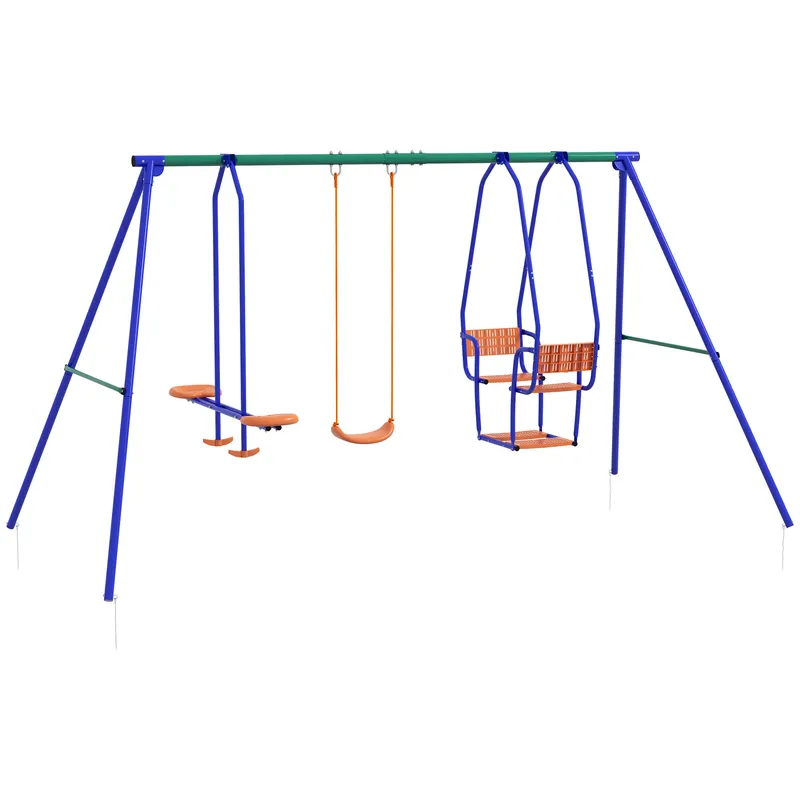 Outsunny 3 in 1 Metal Kids Swing Set with Swing Glider Rocking Chair Orange