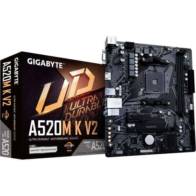 GIGABYTE A520M K V2 Motherboard - Supports AMD Ryzen 5000 Series AM4 CPUs, up to 5100MHz DDR4 (OC), PCIe Gen3 x4 M.2, GbE LAN, USB 3.2 Gen 1