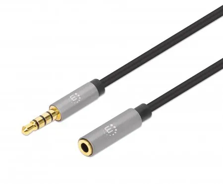 Manhattan Stereo Audio 3.5mm Extension Cable, 1m, Male/Female, Slim Design, Black/Silver, Premium with 24 karat gold plated contacts and pure oxygen-free copper (OFC) wire, Lifetime Warranty