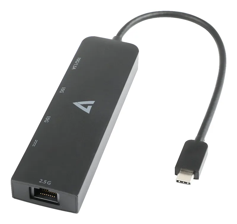 V7 2.5G Ethernet Adapter USB-C Male to USB A Female x 2, USB-C Female x1, RJ45 Female x1 Black