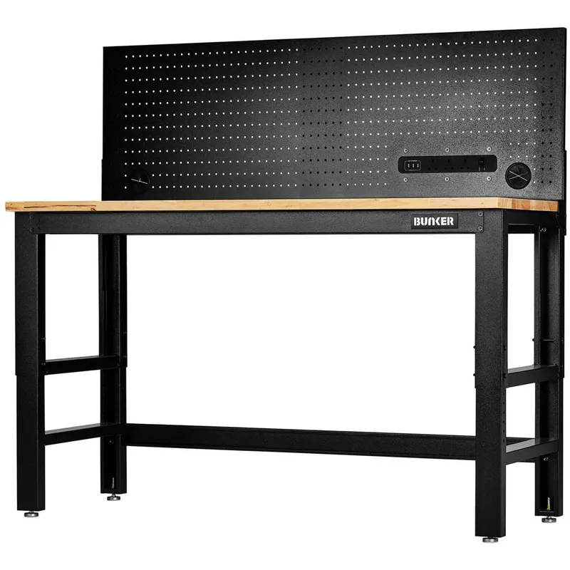 Bunker Hardwood Worktop Workbench and Power Pegboard