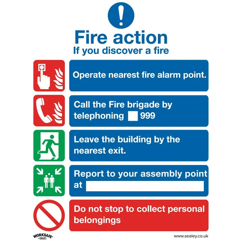 Sealey Rigid Plastic Fire Action Without Lift Sign