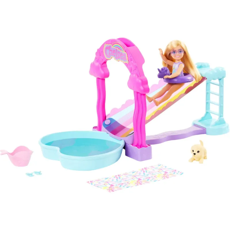 Barbie Chelsea Rainbow Water Slide Playset with Doll, Dog, & Accessories