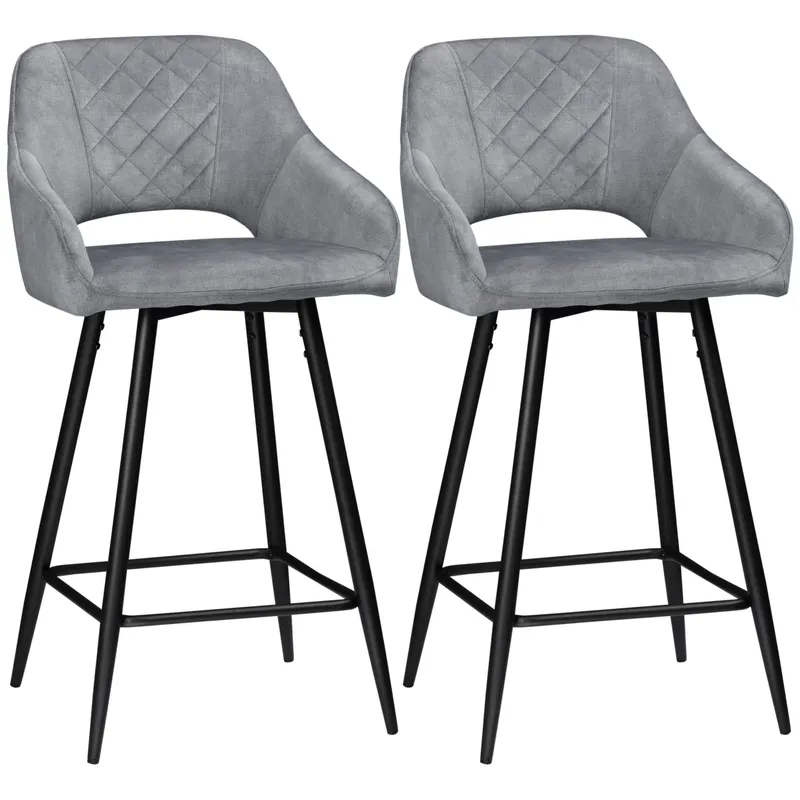 HOMCOM Set of 2 Velvet-Touch Bar Stools with Backrest, Counter Height Chairs, Steel Legs for Kitchen/Dining Area, Grey Aosom UK