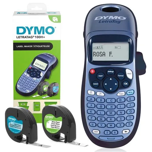 DYMO LetraTag LT-100H Label Maker Starter Kit+ | Handheld Label Printer Machine | with PaperClear Plastic Label Tape & Machine Holder | Ideal for Office or Home