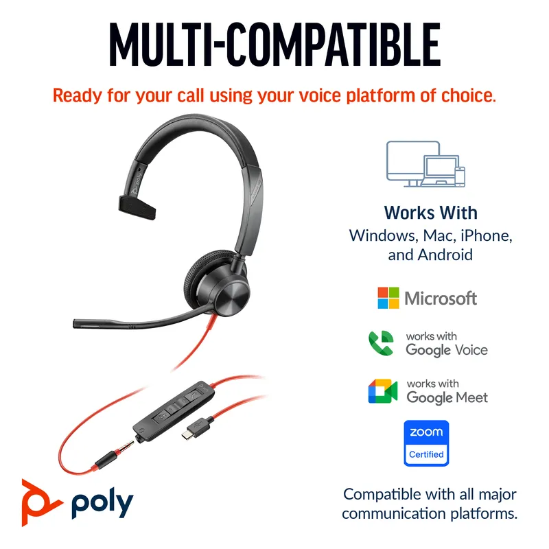 HP Poly Blackwire 3315 Monaural USB-C Headset +3.5mm Plug +USB-C/A Ada