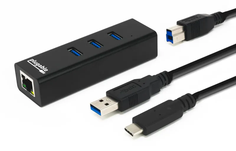 Plugable Technologies USB Hub with Ethernet. 3 port USB 3.0 Bus Powere