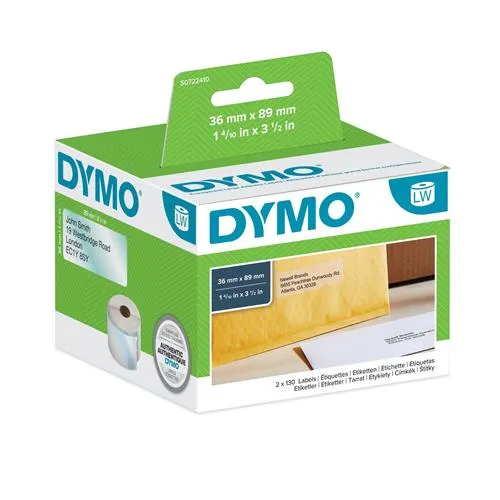 DYMO Authentic LabelWriter Large Address Labels | 36mm x 89mm | Black Print on Clear Labels | 2 Rolls of 130 (260 Easy-Peel Labels) | Self-Adhesive | for LabelWriter Label Makers Transparent Self-adhesive printer label Plastic Permanent Rectangl
