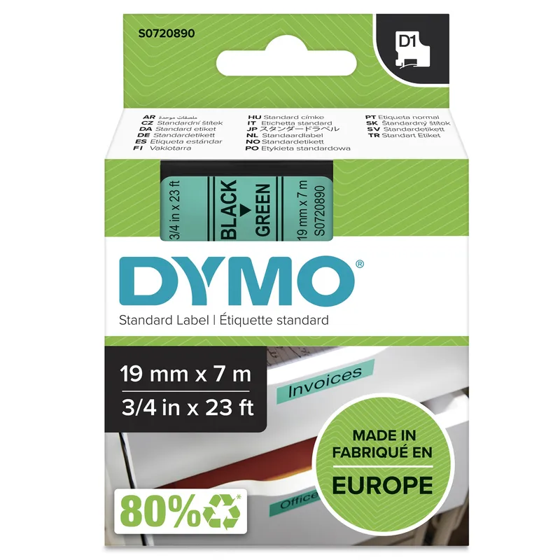 Dymo 45809/S0720890 DirectLabel-etikettes black on green 19mm x 7m for
